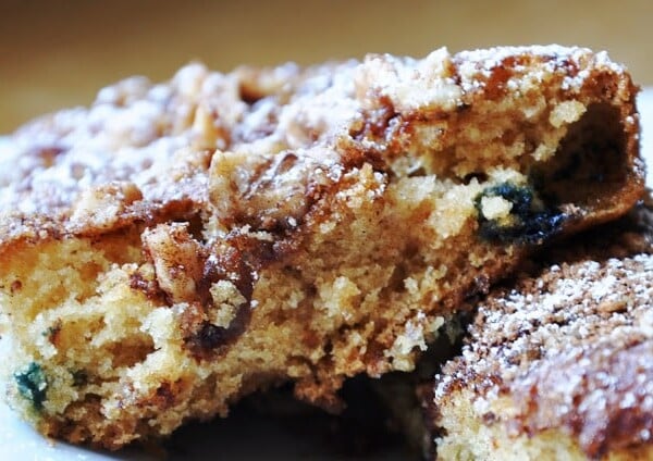 Close-up of a slice of coffee cake topped with crumble and powdered sugar, showing its moist interior with visible raisins or nuts.