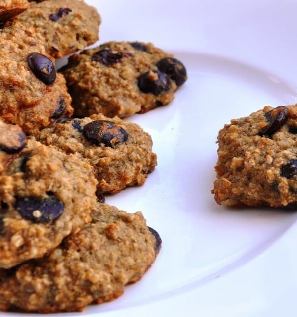 A plate with several oatmeal cookies containing chocolate chips, with one cookie placed apart on the right side.