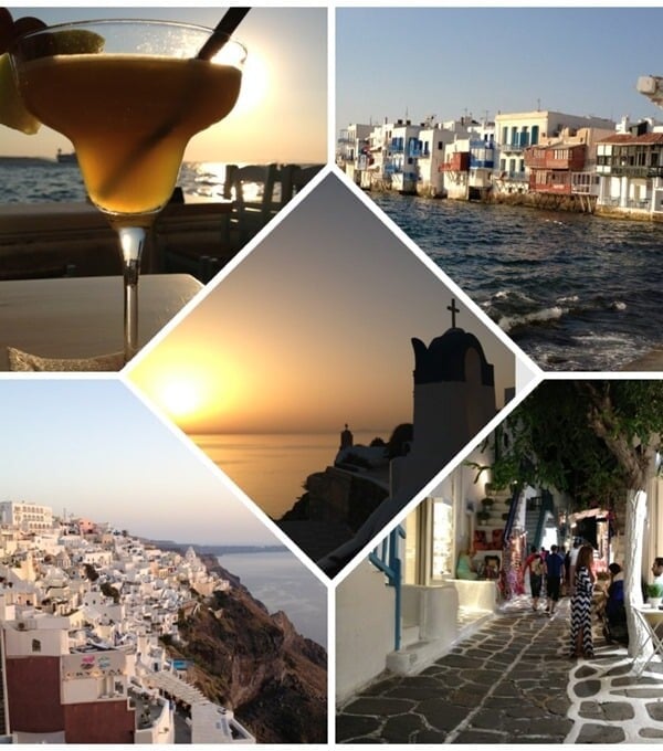 Collage of Greek island scenes: sunset with cocktail, coastal town, sunset over sea, hillside village, and narrow street with people.