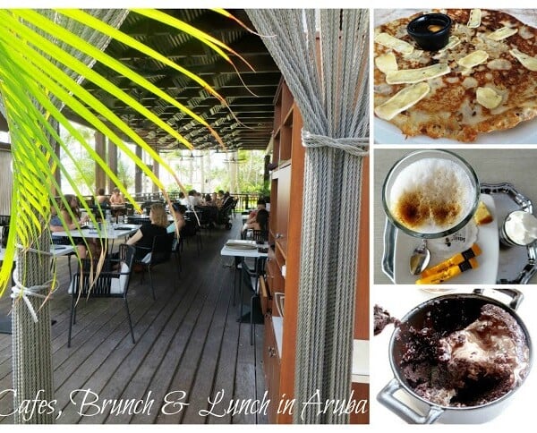 Outdoor café with diners under a canopy, showcasing images of a banana pancake, coffee with cream, and a chocolate dessert. Text overlay: Cafes, Brunch & Lunch in Palm Beach Aruba.