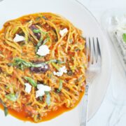Zucchini Noodles with Olives, Marinara and Goat Cheese