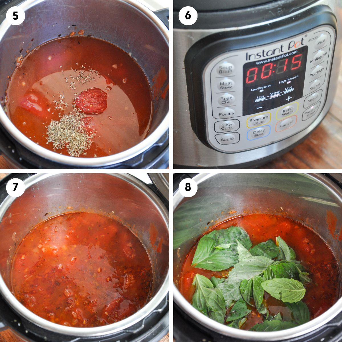 Add san marzano tomatoes, vegetable stock, and high pressure, for 15 minutes, then add fresh basil.