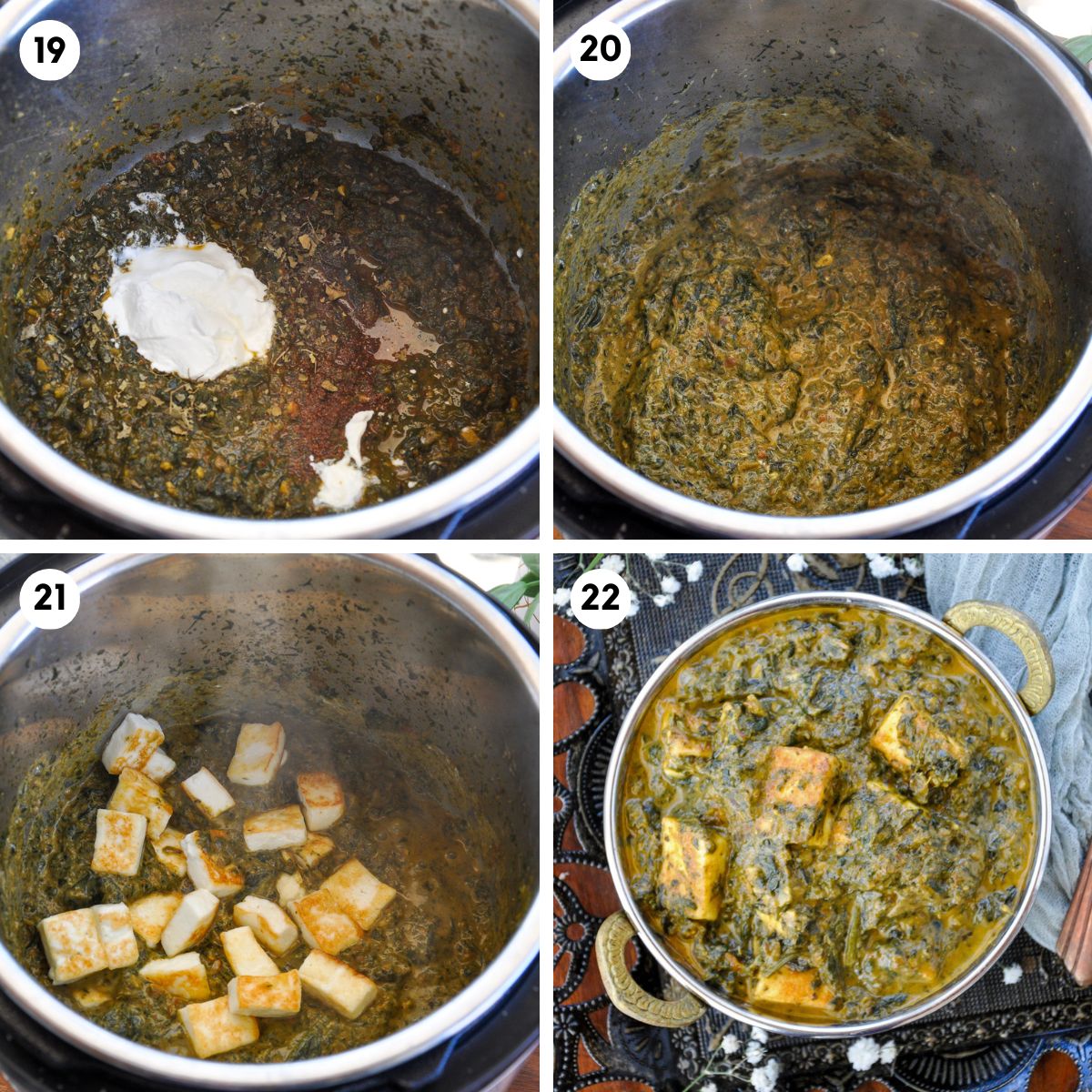 Add sour cream, garam masala, fenugreek leaves, and sauteed paneer.