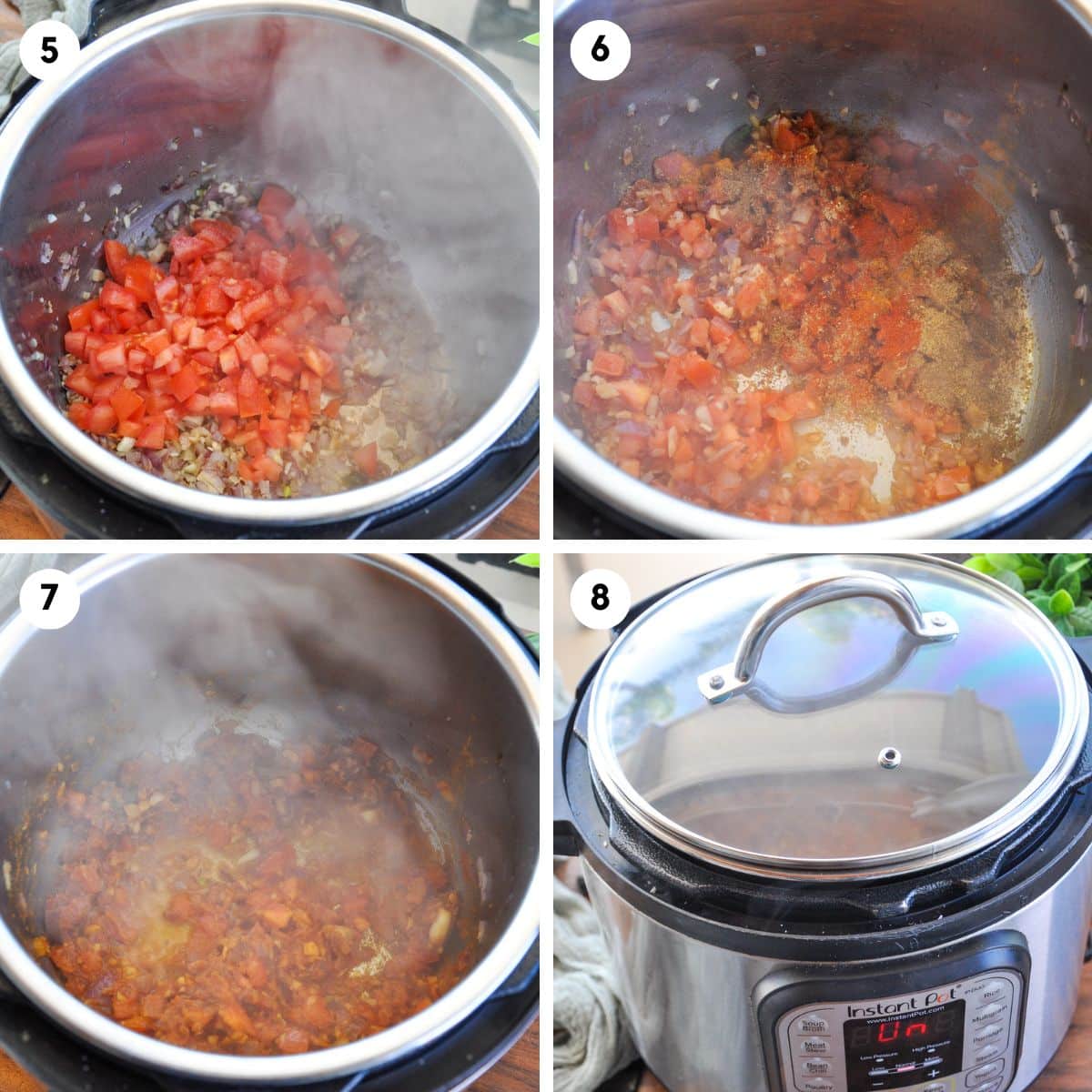 Add tomatoes, powdered spices, and cook down the tomatoes.