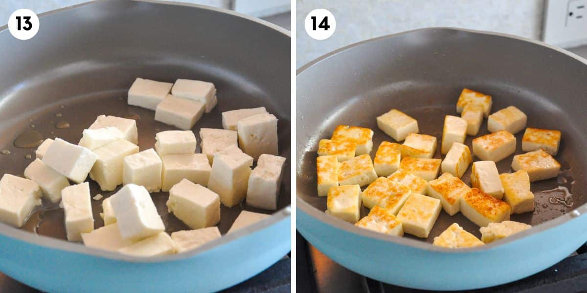 Saute the cubed paneer until golden brown.
