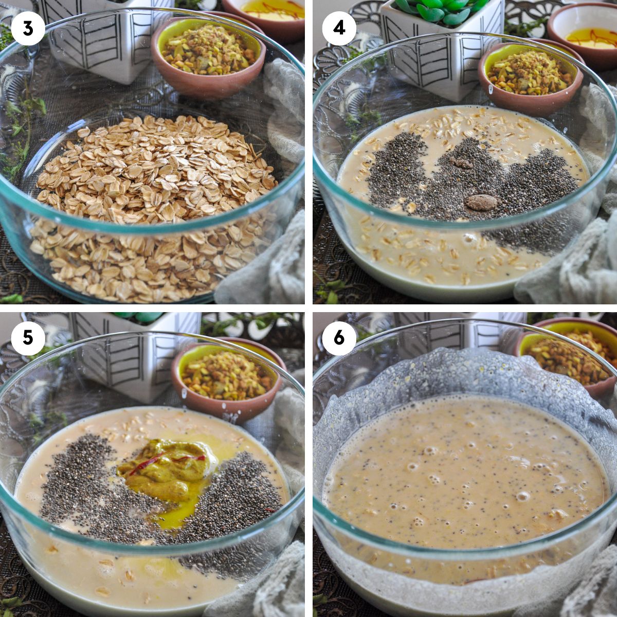Combine oats, chia seeds, pistachio milk, pistachio butter in a large bowl and mix.