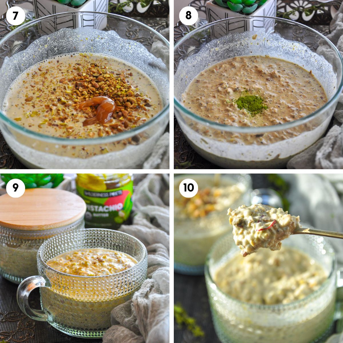 Add pistachios, honey, matcha powder, and transfer to a pretty serving cup.