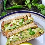 Avocado egg salad sandwich on a white plate with fresh cilantro, and green chilies in the background.