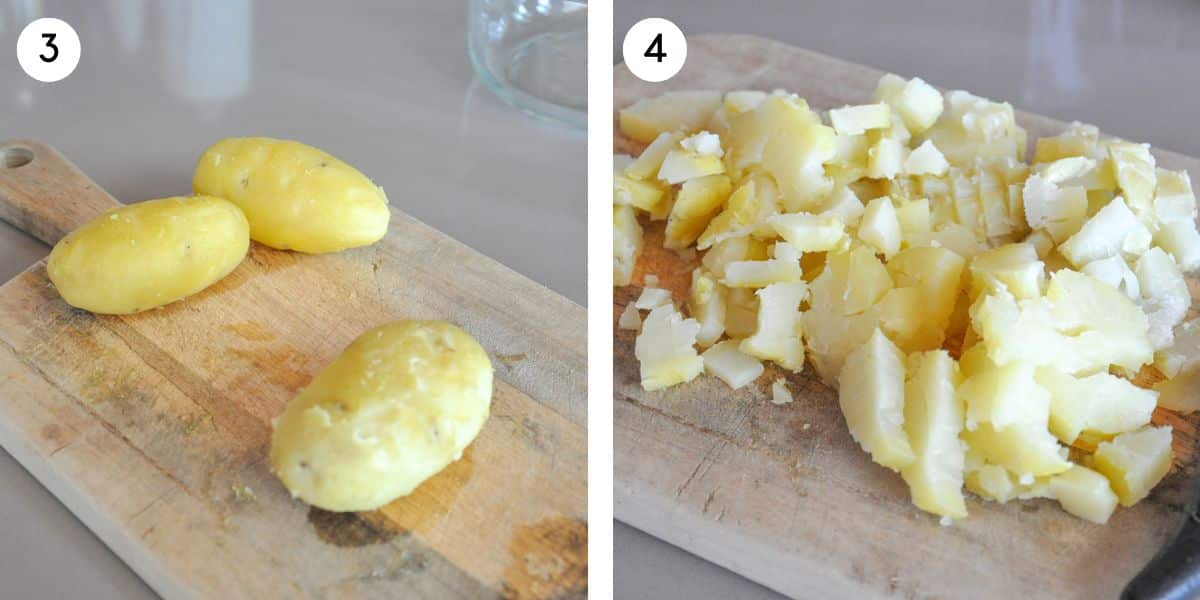 Boil, peel, and chop potatoes.