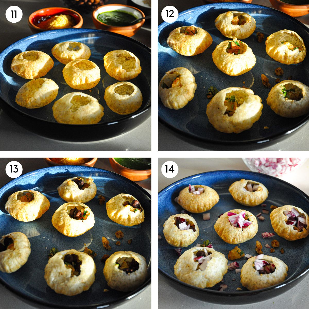 Poke holes in the puri and fill with potatoes, black chickpeas, and red onions.