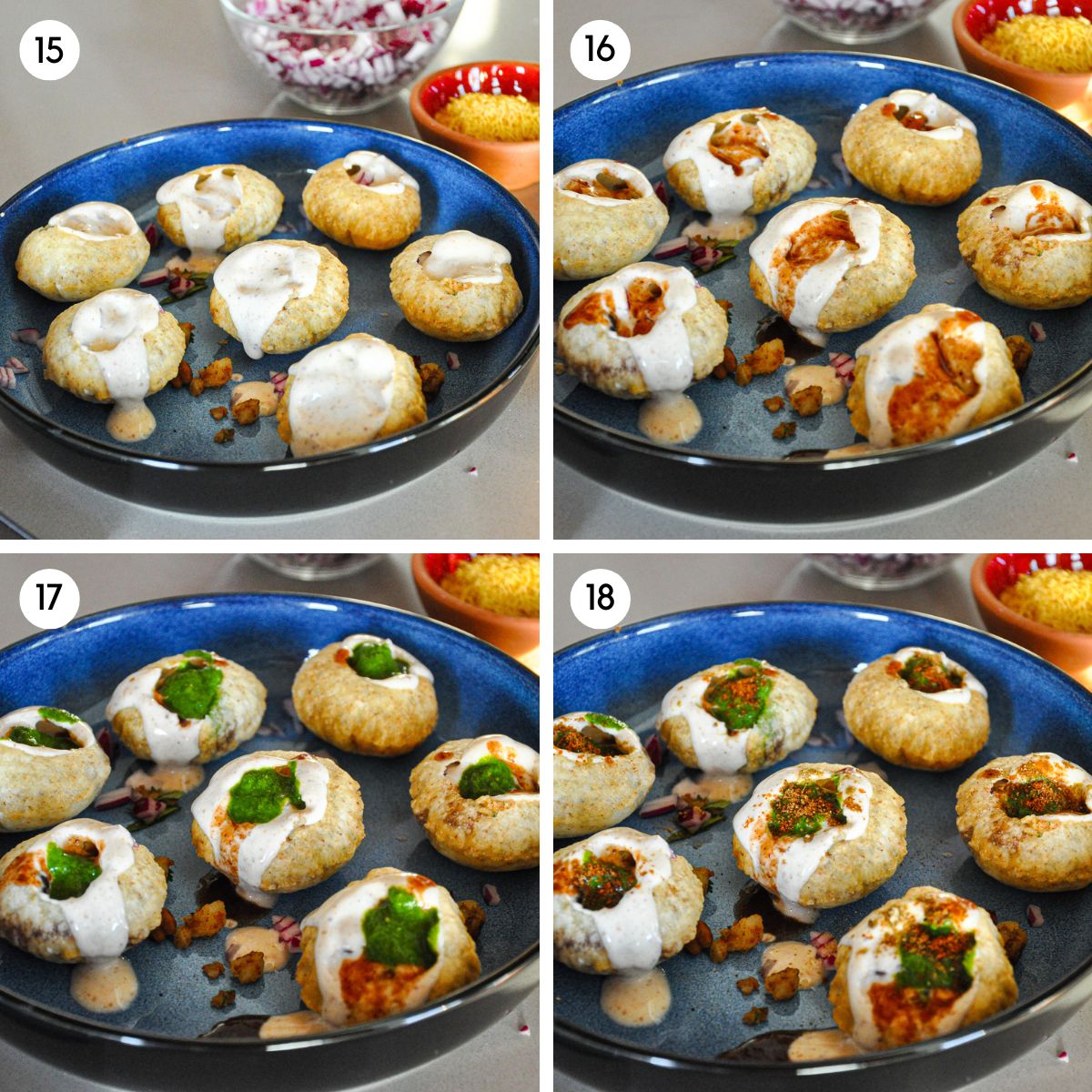Fill each puri with yogurt, chutneys, and spices.