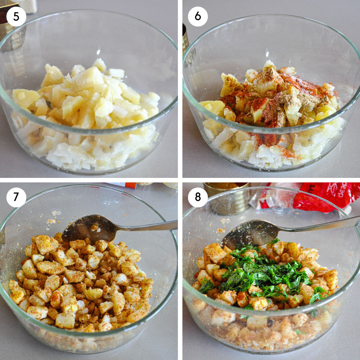 Add spices and cilantro the chopped boiled potatoes.