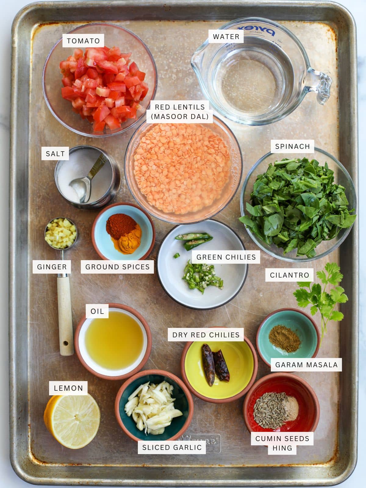 Ingredients for Masoor Dal (red lentil dal).