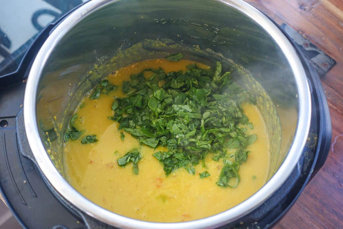Instant Pot Masoor Dal with freshly chopped spinach.