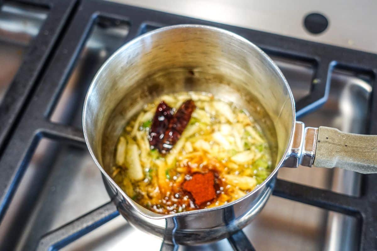Tadka for Masoor Dal with Kashmiri red chili powder added.