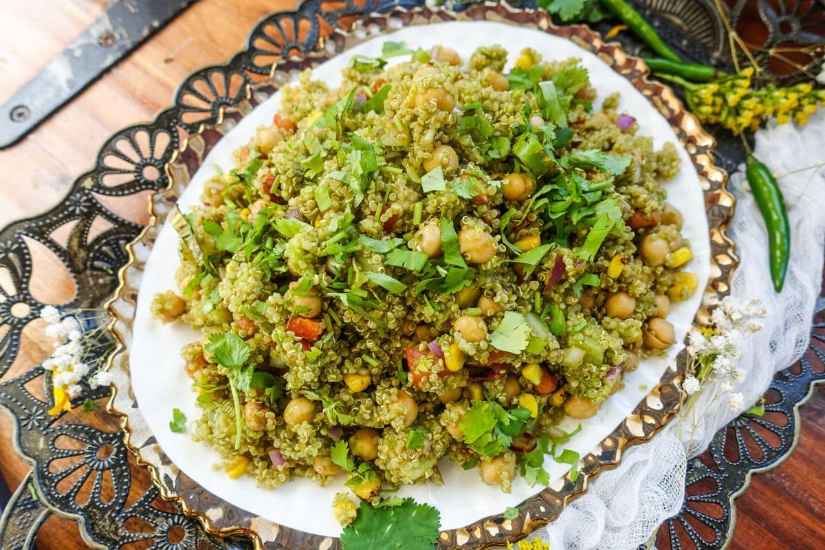 Quinoa Bhel Salad topped with fresh cilantro.