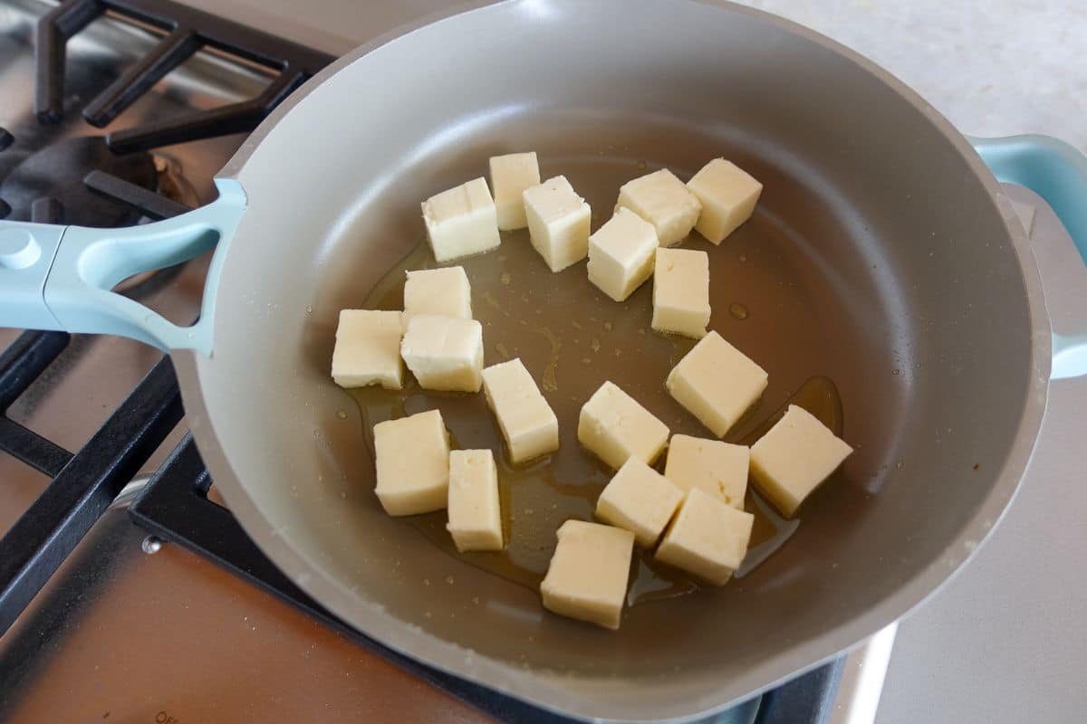Saute Paneer in nonstick pan to make Matar Paneer.