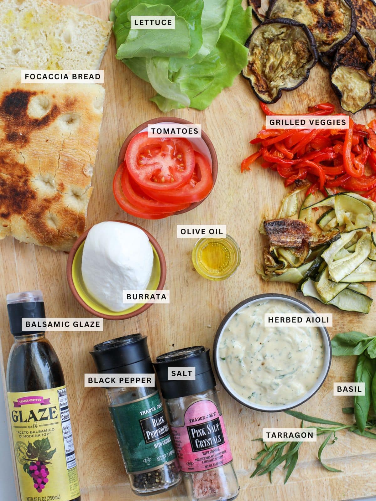 Ingredients for Grilled Vegetable Panini on Focaccia with Herbed Aioli.