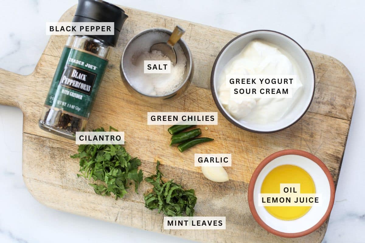 Ingredients for Cilantro Mint Garlic Yogurt Sauce.