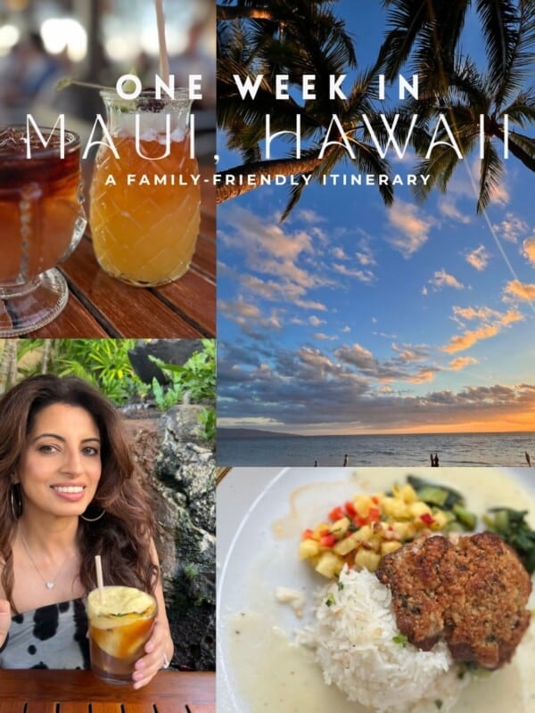 A collage featuring images of Maui including a picture of Nisha and a Mai Tai, palm trees, mahi mahi with rice and salsa.
