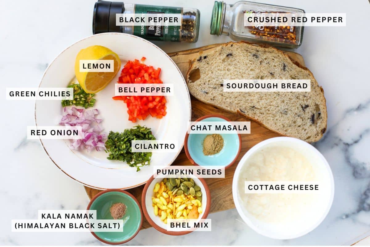 Ingredients for cottage cheese toast on sourdough that's indian-inspired.