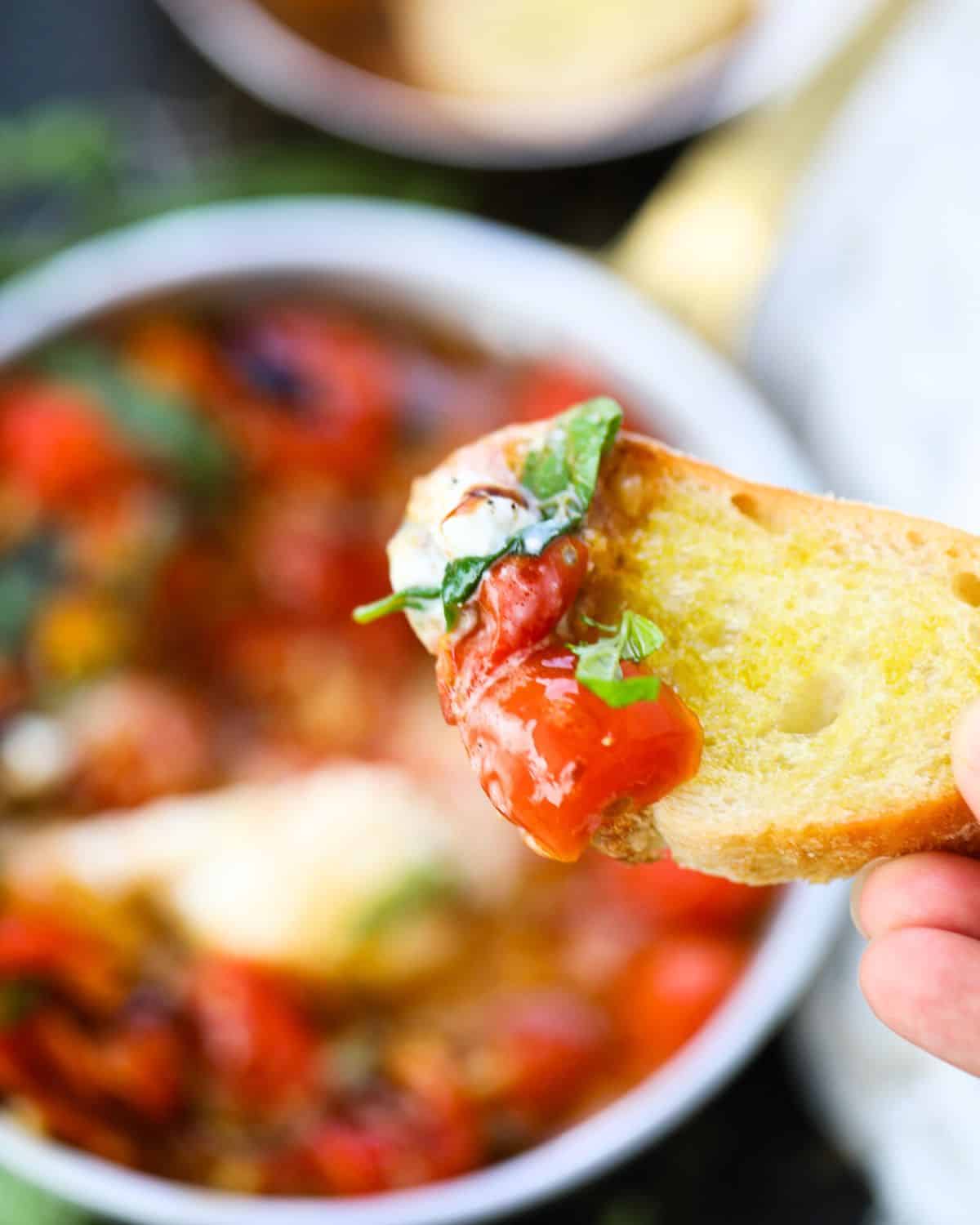 A hand holds a slice of toasted crostini topped with roasted tomatoes, herbs, and cheese, with a bowl of similar tomato mixture in the background.