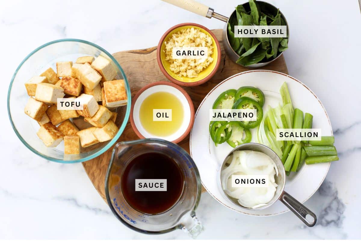 Ingredients for Thai Tofu Basil with Garlic and Jalapeno.
