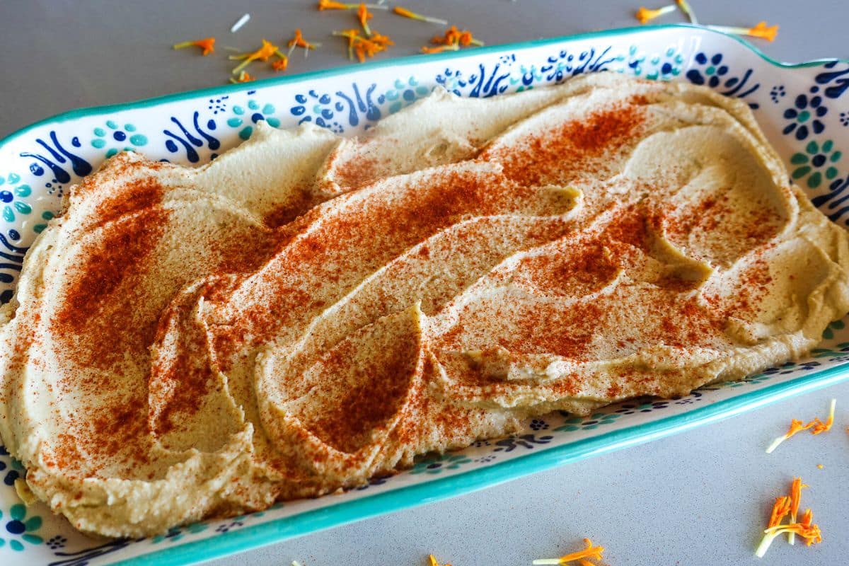 A rectangular ceramic dish filled with creamy hummus, sprinkled with paprika, on a gray surface with scattered flower petals.
