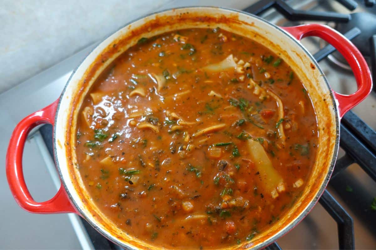 A red pot filled with tomato-based soup containing lasagna noodles, herbs, and vegetables sits on a stovetop.