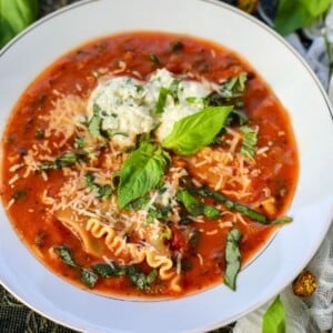 A bowl of vegetarian lasagna soup garnished with shredded cheese, fresh basil leaves, and two scoops of ricotta cheese, set on a decorative cloth with herbs scattered around.
