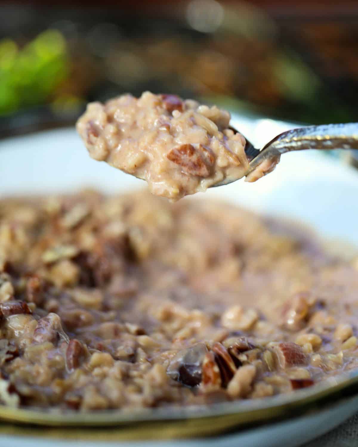 A close-up of a spoonful of oatmeal with chopped nuts being held above a bowl filled with the same oatmeal mixture.