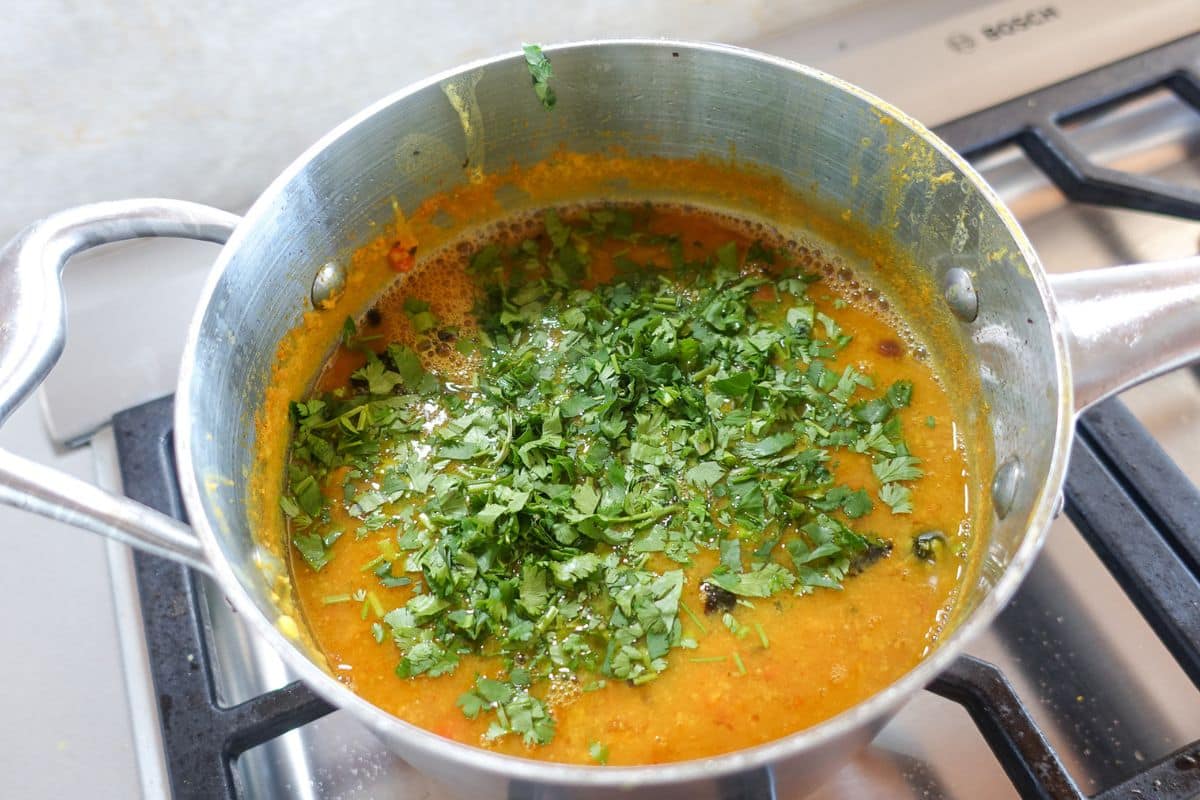 A stainless steel pot on a stove contains a toor dal topped with freshly chopped cilantro.