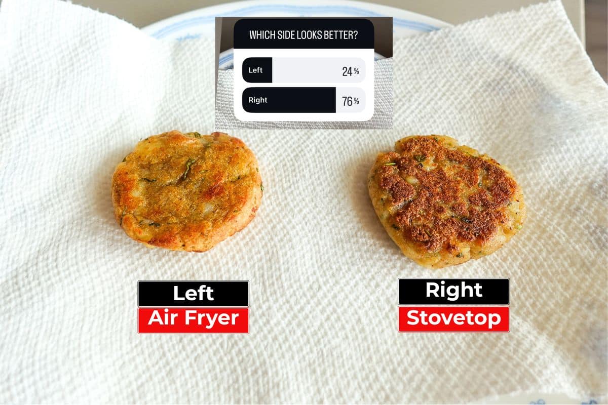 Two potato patties rest on paper towels; the left patty is labeled Air Fryer and the right is labeled Stovetop. A poll above shows 24% prefer the left and 76% prefer the right.